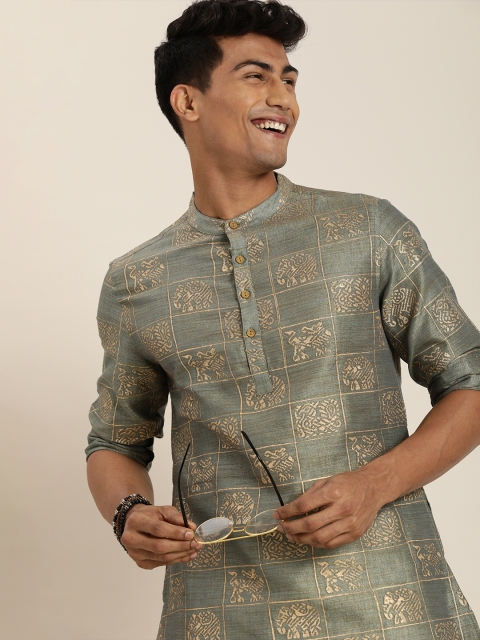 

Taavi Men Green & Gold-Toned Ethnic Motifs Kanchi Print Pure Cotton Kurta