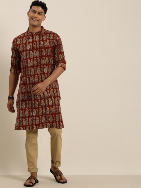 

Taavi Men Red & Yellow Kalamkari Printed Straight Sustainable Kurta with Roll-Up Sleeves