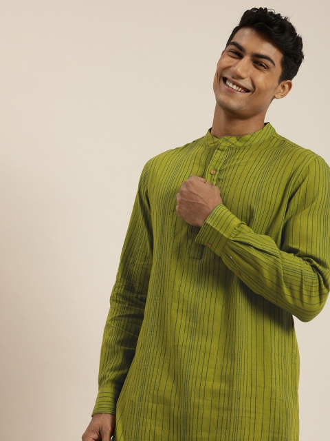 

Taavi Men Green & Blue Striped Pure Cotton Sustainable Kurta