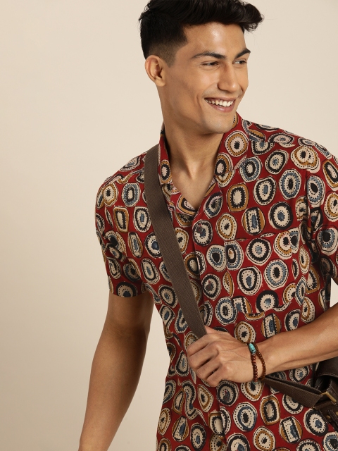 

Taavi Men Multicoloured Kalamkari Handblock Printed Ethnic Shirt with Cuban Collar, Multi