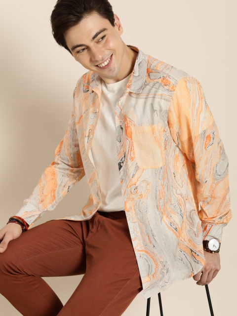 

Taavi Men Grey & Orange Marbling Printed Pure Cotton Sustainable Casual Shirt