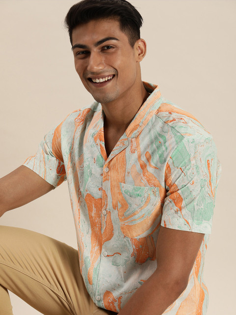 

Taavi Men Orange And Light Blue Printed Cotton Marbling Casual Shirt With Chest Pocket