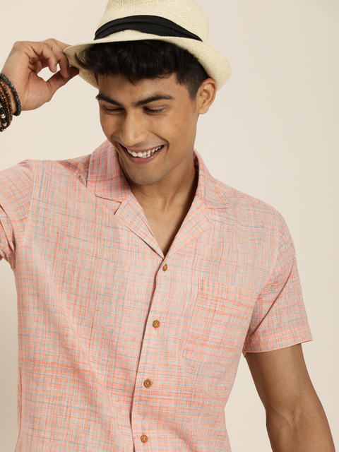 

Taavi Men Orange Woven Legacy Checked Shirt with Cuban Collar