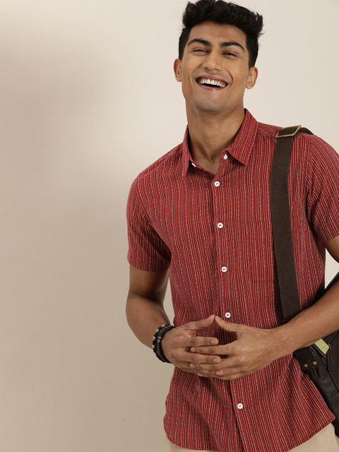 

Taavi Men Red Woven Legacy Self Design Shirt