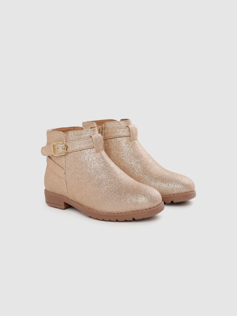

YK Girls Gold-Toned Shimmer Mid-Top Flat Boots with Buckle Detail