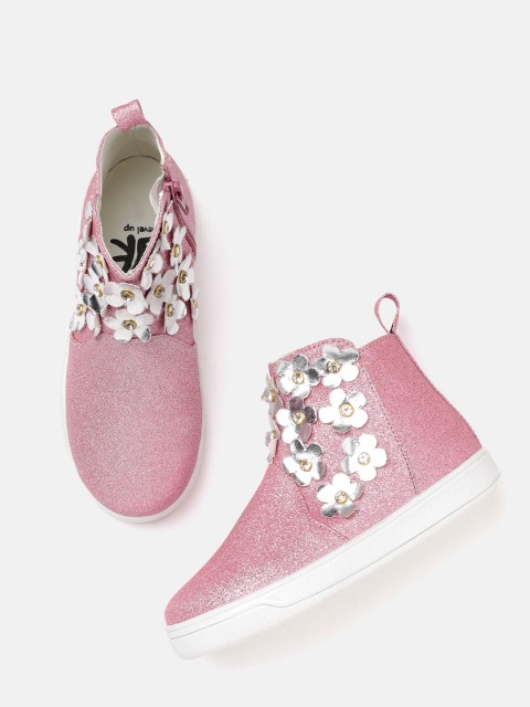 

YK Girls Pink & Silver-Toned Shimmer Floral Applique Mid-Top Sneakers