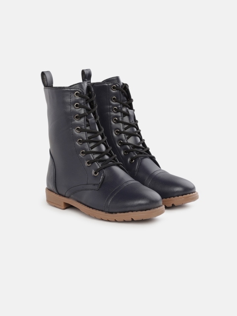 

YK Girls Navy Blue Solid High-Top Flat Boots