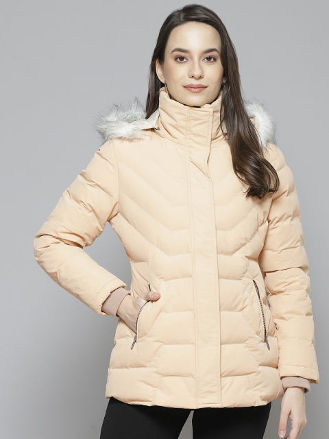 

Fort Collins Women Cream-Coloured Solid Longline Parka Jacket with Faux Fur Trim