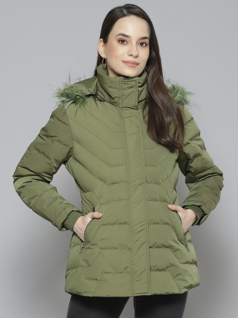 

Fort Collins Women Olive Green Solid Parka Jacket with Detachable Hood