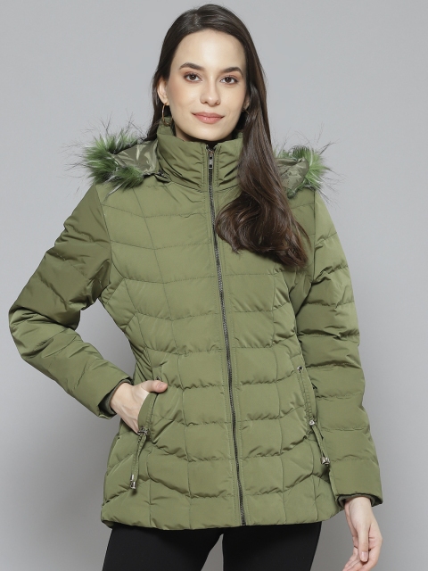 

Fort Collins Women Olive Green Solid Longline Parka Jacket with Faux Fur Trim