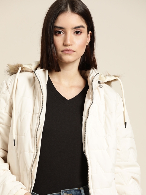 

Fort Collins Women Cream-Coloured Solid Parka Jacket with Detachable Hood