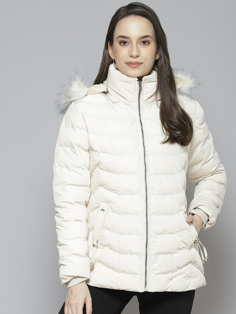 

Fort Collins Women Off White Solid Longline Parka Jacket with Faux Fur Trim