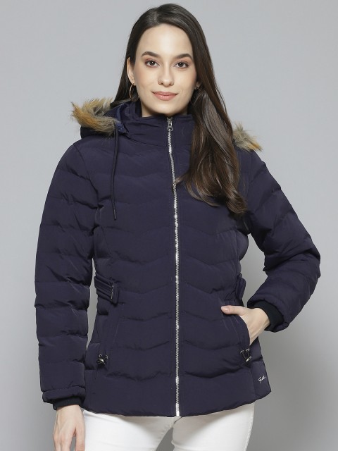 

Fort Collins Women Navy Solid Parka Jacket with Detachable Hood, Navy blue