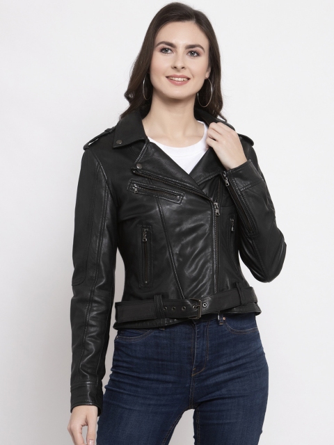

BEAVER Women Black Leather Insulator Belted Leather Jacket