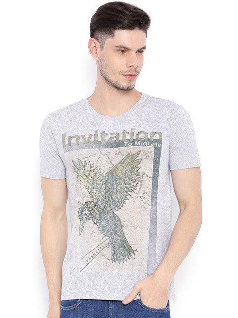 

Wolfpack Men Grey Melange Printed Round Neck T-Shirt