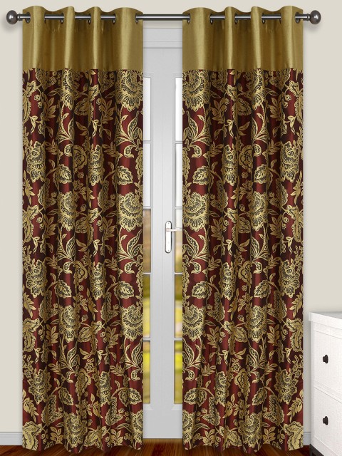 

S9home by Seasons Yellow & Maroon Set of 2 Patterned Room Darkening Long Door Curtains