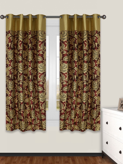 

S9home by Seasons Yellow & Maroon Set of 2 Patterned Room Darkening Window Curtains