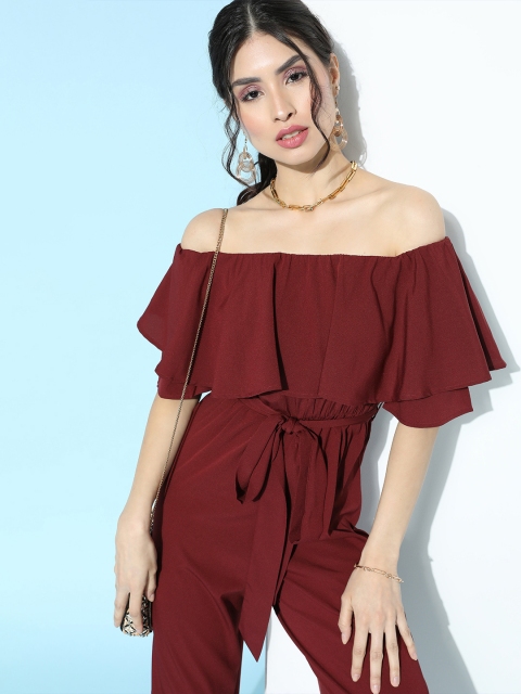 

Berrylush Women Charming Maroon Solid Ruffled Jumpsuit