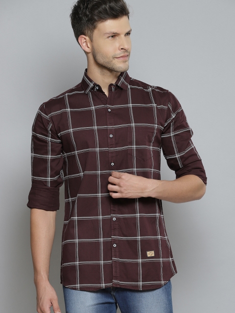 

DENNISON Men Brown & White Windowpane Checks Smart Slim Fit Opaque Casual Shirt