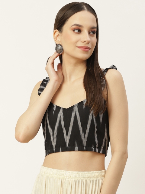 

Molcha Women Black Ikat Printed Non Padded Cotton Saree Blouse with Frill Strap