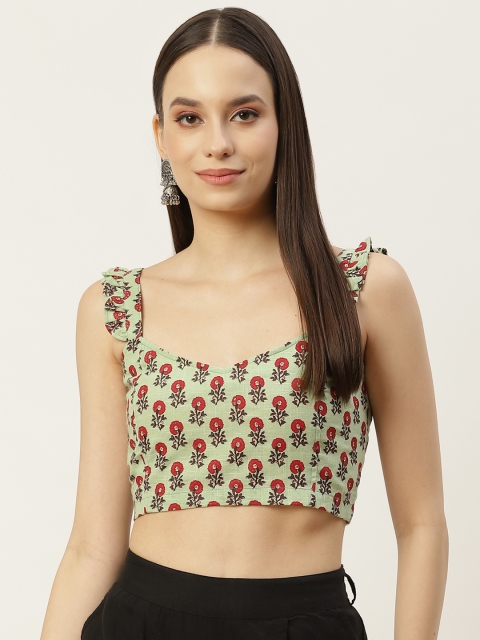 

Molcha Green Cotton Printed Non Padded Back Open Sleeveless Blouse with Frill Strap