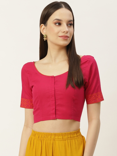 

Molcha Women Pink Solid Non Padded Front Open Cotton Saree Blouse