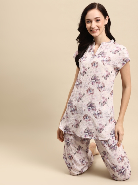 

Prakrti Women Off White & Mauve Digital Floral Print Crinkled Effect Cotton Pyjama Set