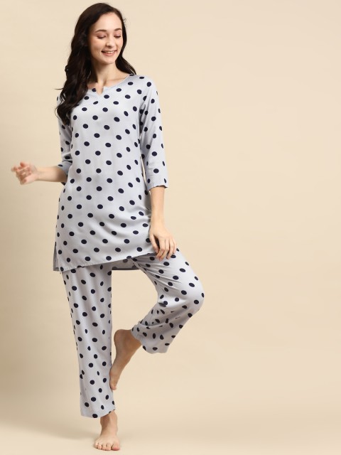 

Prakrti Women Grey & Navy Blue Polka Dots Printed Pyjama Set