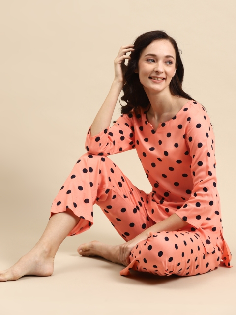 

Prakrti Women Peach-Coloured & Black Polka Dots Printed Pyjama Set