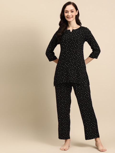 

Prakrti Women Black & White Floral Printed Pyjama Set