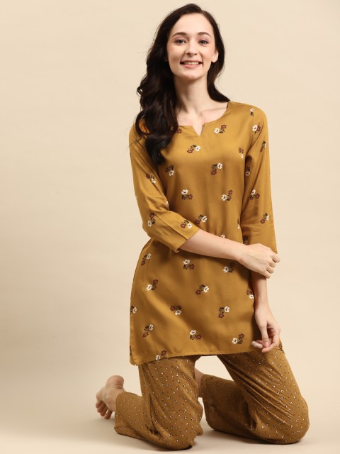 

Prakrti Women Mustard Yellow & White Floral Printed Pyjama Set