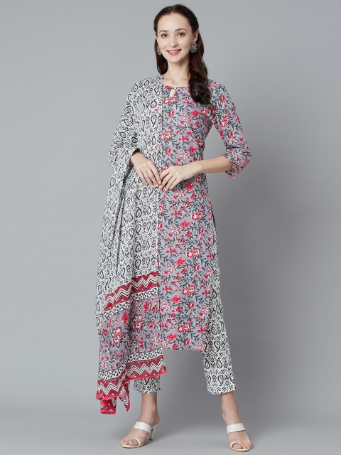 

PIROH Women Grey Floral Printed Regular Pure Cotton Kurta with Trousers & With Dupatta
