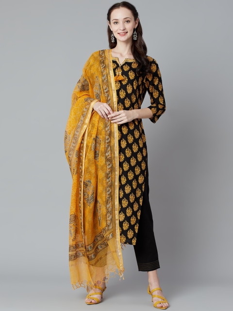 

PIROH Women Yellow Ethnic Motifs Printed Regular Mirror Work Kurta with Trousers & With Dupatta