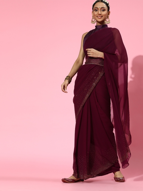 

Mitera Sleek Poly Georgette Saree with Embellished border, Burgundy