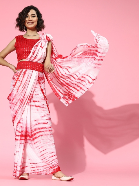 

Mitera Tie and Dye Poly Chiffon Saree with Printed border, Red
