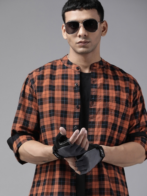 

Roadster Men Rust Orange & Black Tartan Checked Pure Cotton Casual Shirt
