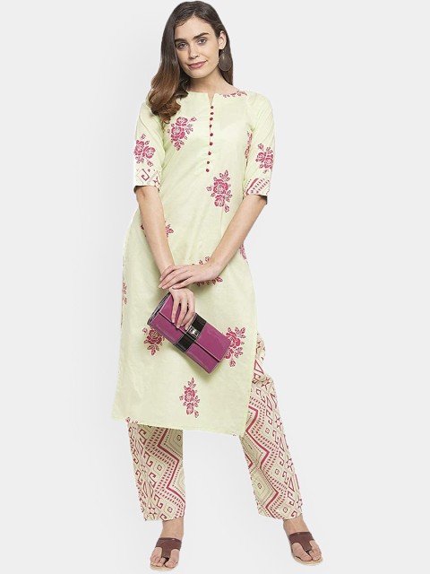 

KALINI Women Lime Green Floral Printed Regular Pure Cotton Kurta with Trousers