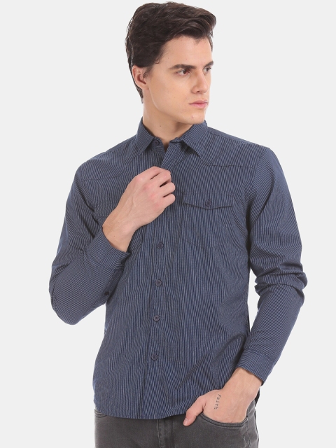 

Cherokee Men Navy Blue Striped Opaque Cotton Casual Shirt