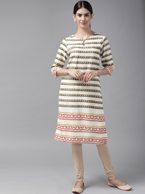 

W Women Off White & Yellow Printed Keyhole Neck Kurta