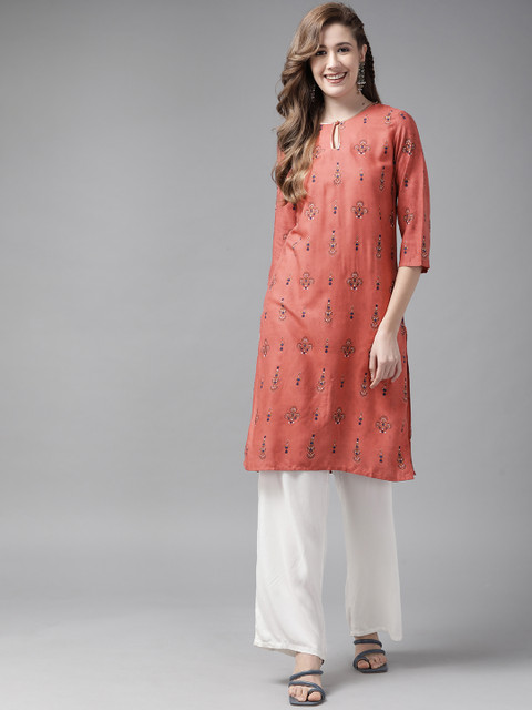 

W Women Orange & Brown Ethnic Motifs Printed Keyhole Neck Kurta