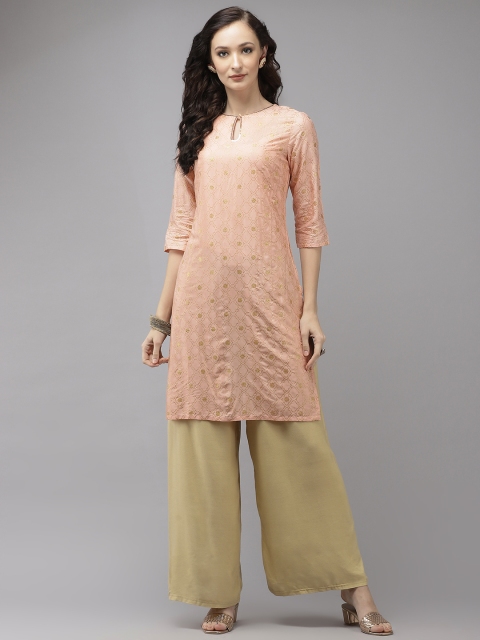 

W Women Peach-Coloured & Golden Ethnic Motifs Printed Keyhole Neck Straight Kurta