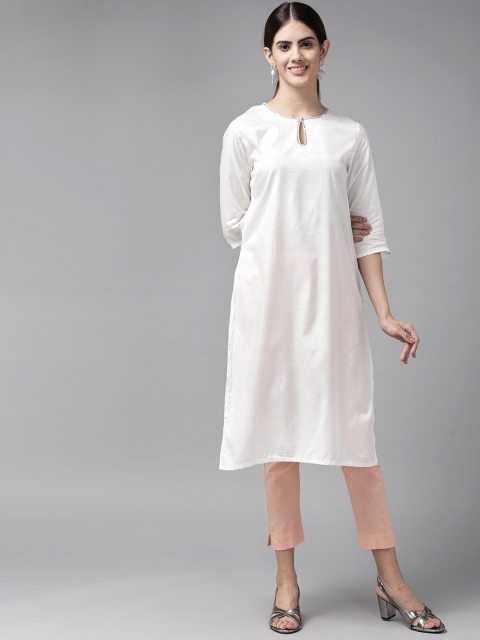

W Women White & Silver-Toned Glitter Print Keyhole Neck Straight Kurta