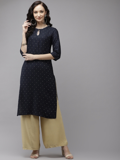 

W Women Navy Blue & Silver Printed Straight Kurta with Sequinned Detail