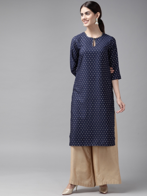 

W Women Navy Blue & Gold-Toned Geometric Printed Keyhole Neck Straight Kurta