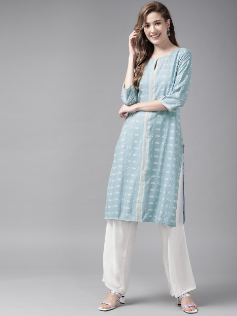 

W Women Blue & White Ethnic Motifs Printed Keyhole Neck Straight Kurta