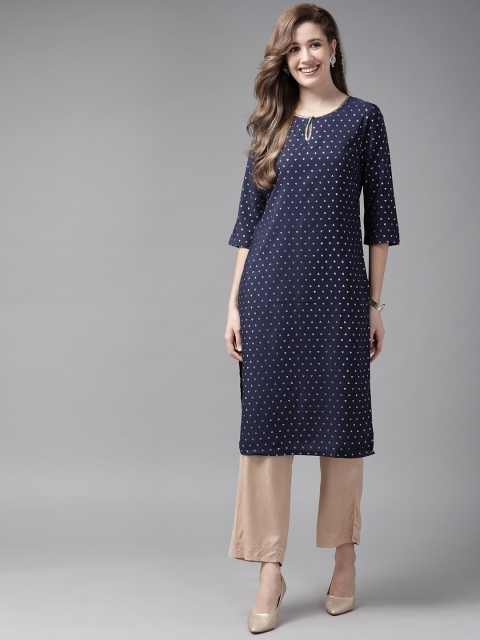 

W Women Navy Blue & Golden Geometric Print Keyhole Neck Straight Kurta