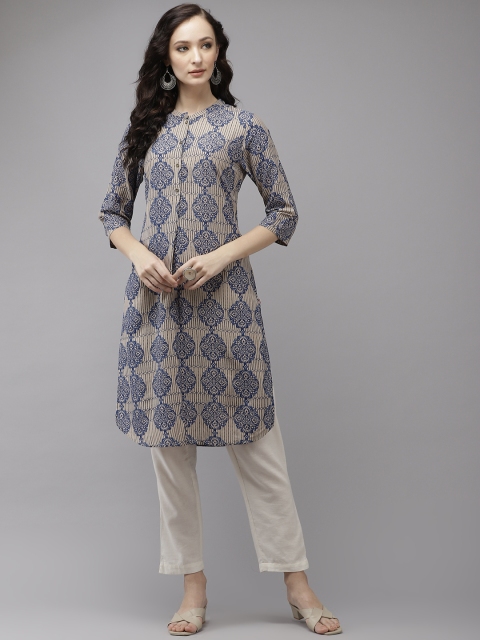 

W Women Beige & Navy Blue Ethnic Motifs Printed Straight Kurta