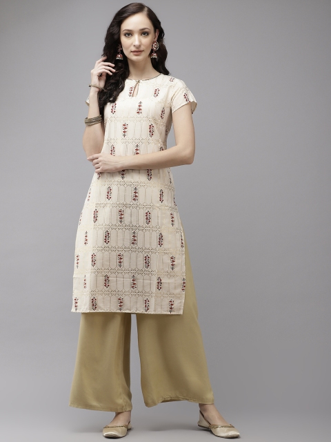 

W Women Cream-Coloured & Golden Floral Printed Keyhole Neck Straight Kurta