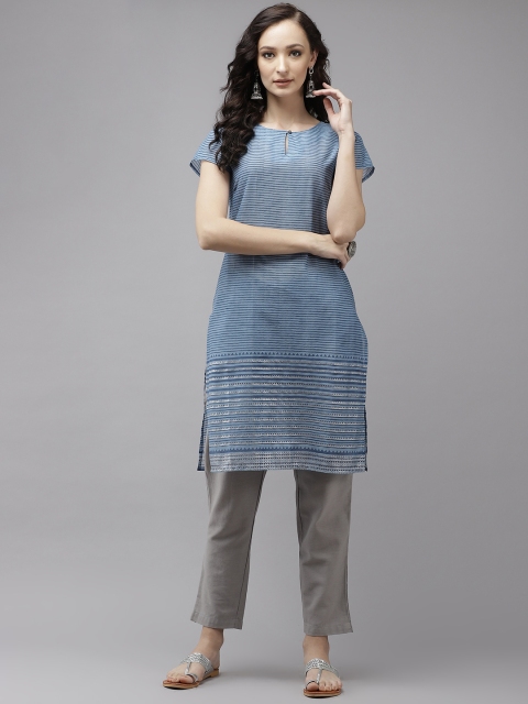 

W Women Blue Cotton Striped Keyhole Neck Straight Kurta