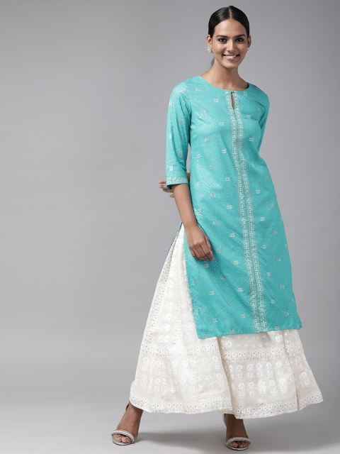 

W Women Blue & Golden Ethnic Motifs Printed Keyhole Neck Kurta